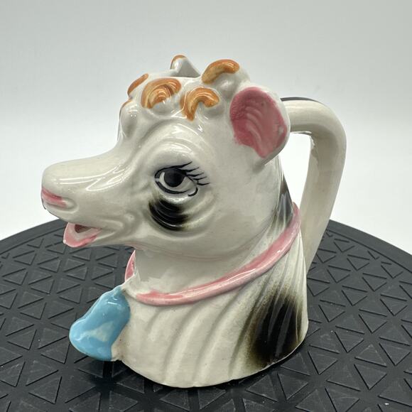 Vtg Ceramic Cow Head Milk Pitcher Creamer Blue Bell Hand Painted Japan Elsiee - Picture 1 of 8